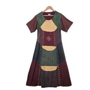Vintage 90s Magic Patchwork Midi Dress Embroidered Lagenlook Artisian Boho